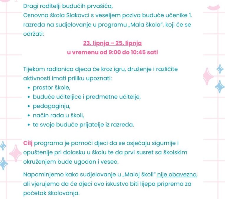 Poziv budućim prvašićima – „Mala škola“